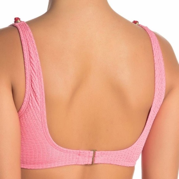Betsey Johnson Pink Ribbed Scrunch Knit Rosette Bikini Top - Picture 2 of 6